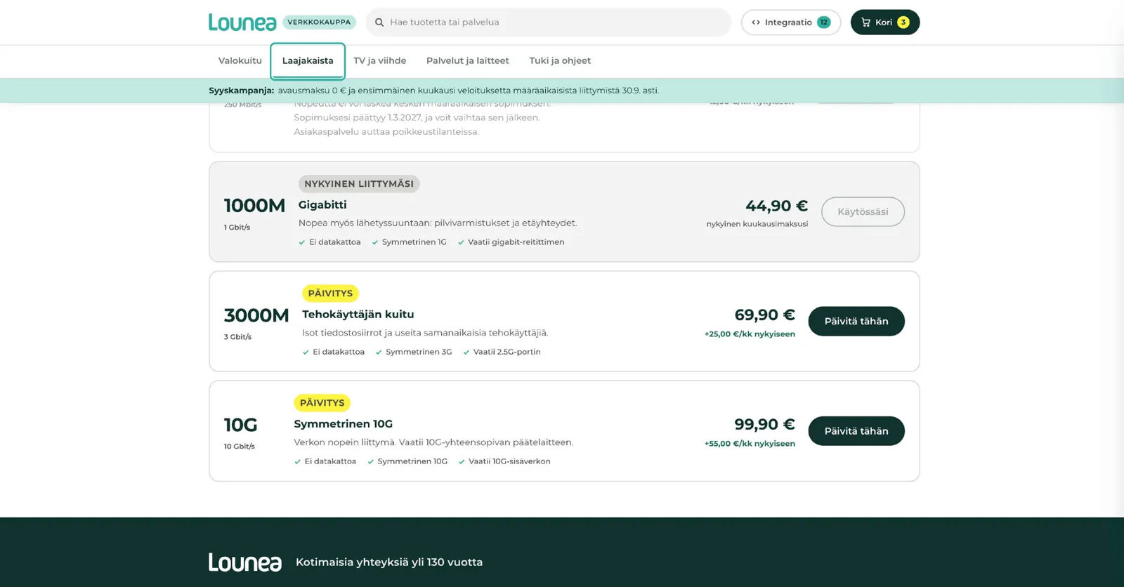 Nykyasiakkaan päivitysvaihtoehdot hinnan erotuksena
