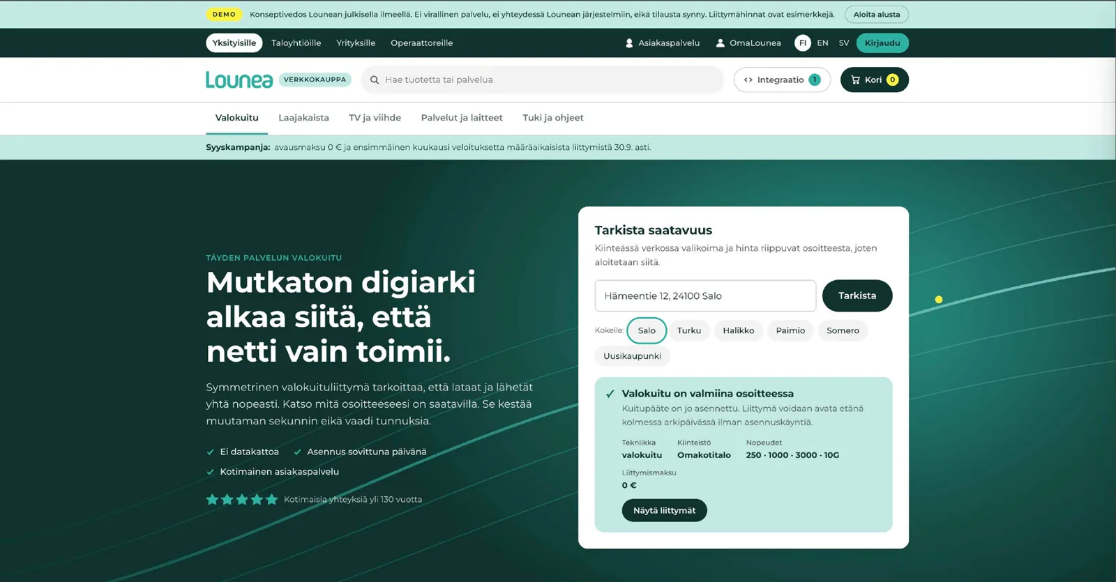 Etusivu, jossa saatavuushaku on päätoiminto