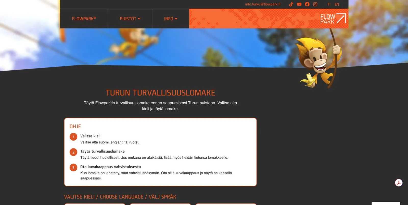 Turku safety form landing page and instructions