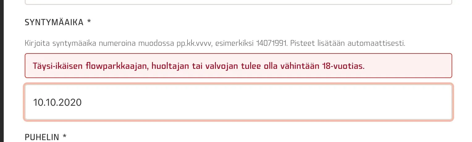 Error shown when the adult's date of birth is under 18