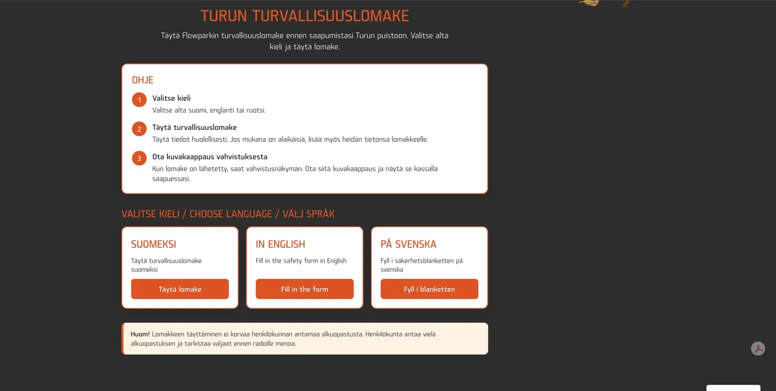 Language selection for the Turku safety form: Finnish, English and Swedish