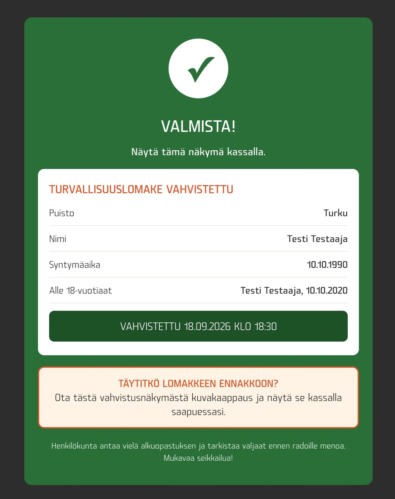 Confirmation screen shown at the till